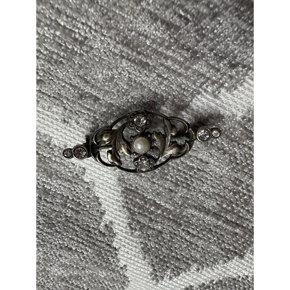 Antique Vintage Rhinestone And Pearl  Victorian‎ Sterling Silver Pendant Brooch